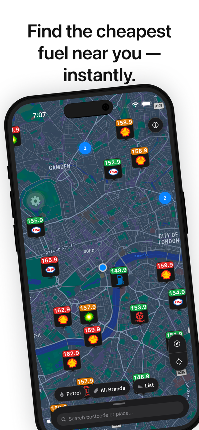 Fuel Spy UK iPhone app preview showing nearby fuel prices on a map
