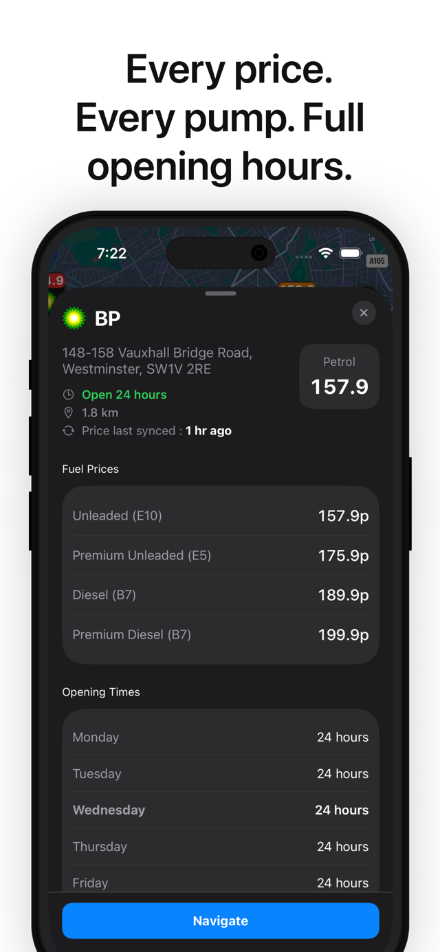 Fuel Spy UK station screen showing prices and opening hours