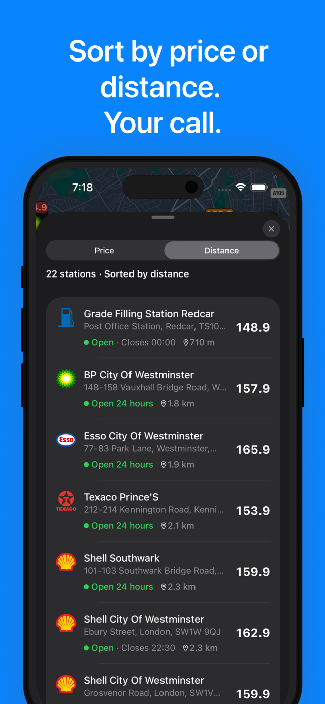 Fuel Spy UK station list sorted by price or distance